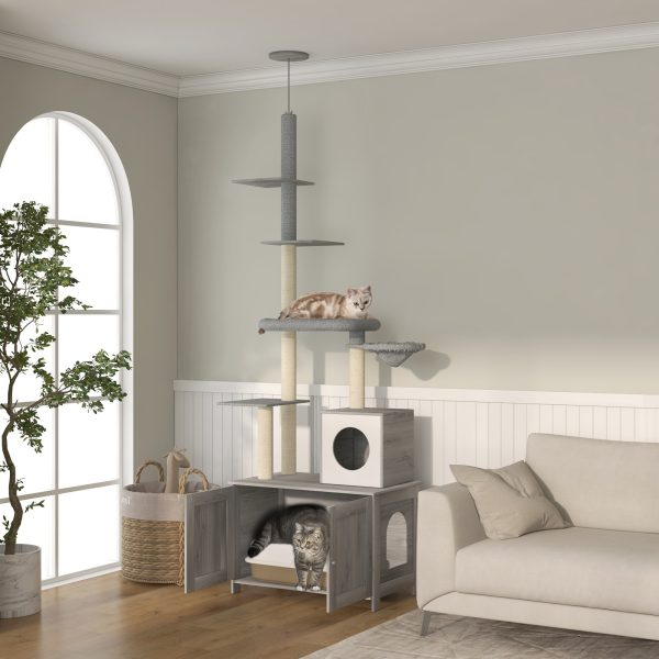 PawHut 2 in 1 Hidden Litter Box with Floor to Ceiling Cat Tree, Indoor, Grey - Image 7