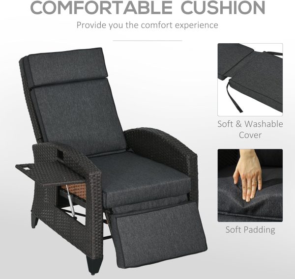 Outsunny Outdoor Recliner Chair with Cushion Rattan Reclining Lounge Chair, Grey - Image 3
