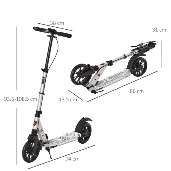 HOMCOM Adult Teens Kick Scooter Fold Adjust 14+ w/ Rear Wheel&Hand Brake Silver - Image 5
