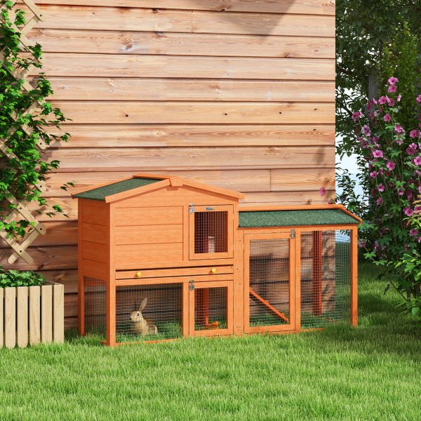 PawHut Wooden Rabbit Hutch with Run, Ramp, Slide-out Tray, Orange - Image 3