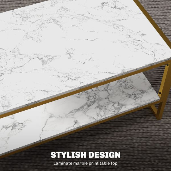 HOMCOM Two-Tier Coffee Table with Marble Effect Shelf and Metal Frame White - Image 6