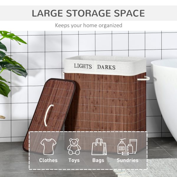 HOMCOM 2 Section Collapsible Laundry Hamper Lid Removable Lining, Brown - Image 6