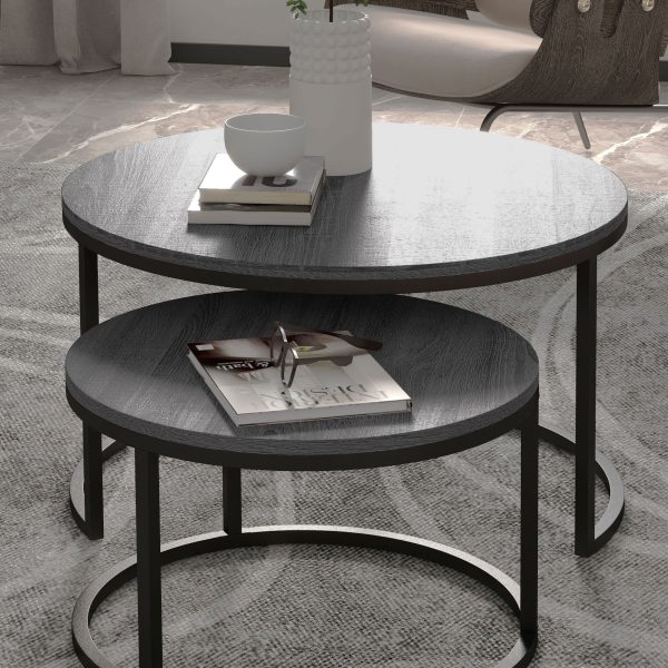 HOMCOM 2 Pcs Stacking Coffee Table Set Steel Frame Wood Effect Top Foot Pads - Image 8