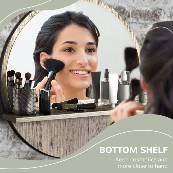 kleankin Round Mirror for Wall Makeup Mirror with Shelf Grey Wood Effect - Image 3
