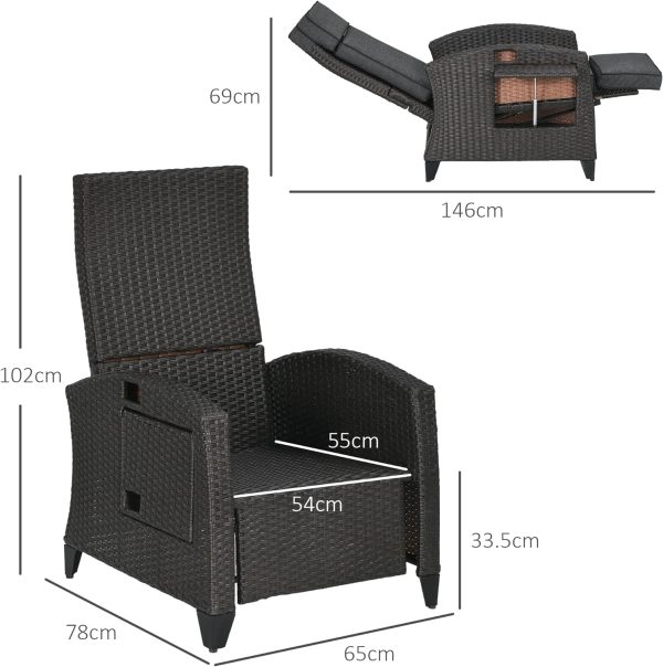 Outsunny Outdoor Recliner Chair with Cushion Rattan Reclining Lounge Chair, Grey - Image 7