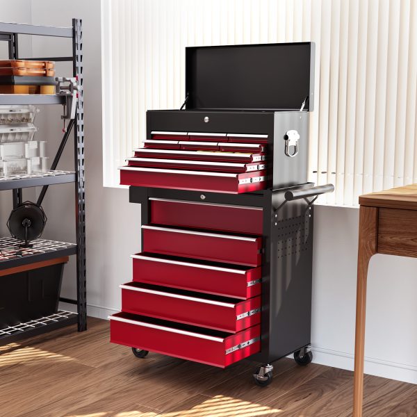 HOMCOM Rolling Tool Chest Lockable Roller Cabinet with with 14 Drawers Red - Image 8