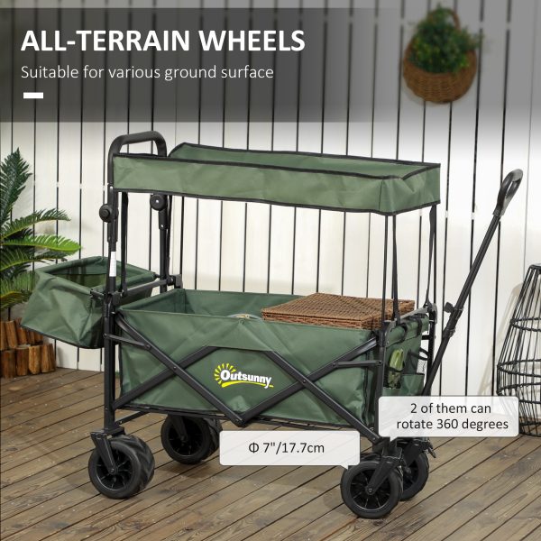 Outsunny Outdoor Push Pull Wagon Stroller Cart with Canopy Top Green - Image 6