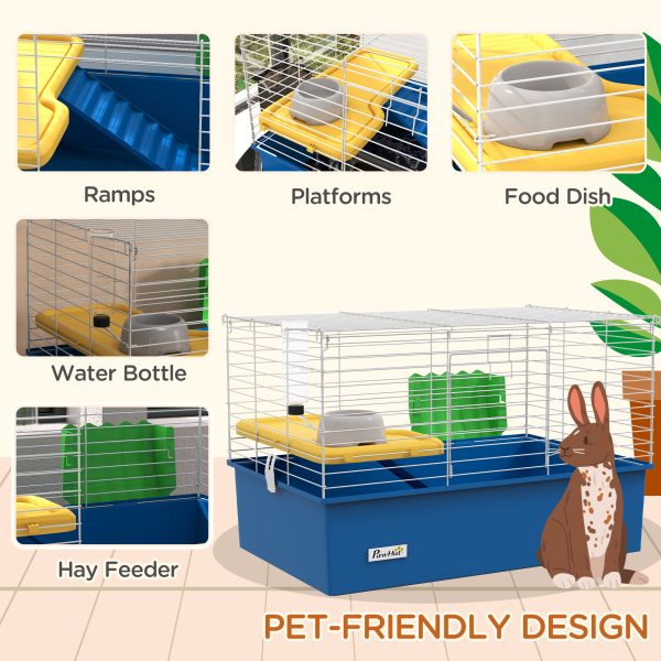 PawHut Small Animal Cage, Rabbit Guinea Pig Hutch, Pet Playhouse, Blue - Image 4