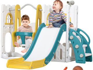 AIYAPLAY 6-in-1 Toddler Climber and Set w/ Basketball Hoop, Telescope Yellow