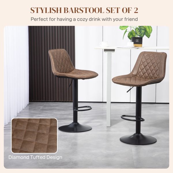 HOMCOM Bar Stools Set of 2, Adjustable Bar Chairs 360Â° Swivel for Kitchen Brown - Image 3