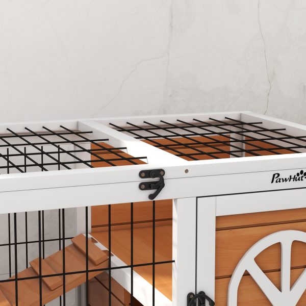 PawHut Wooden Rabbit Hutch, Elevated Guinea Pig Cage w/ Openable Roof, Yellow - Image 2
