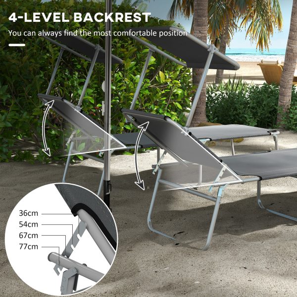 Outsunny Folding Sun Lounger Set of 2 with Sunshade Adjustable Backrest Grey - Image 3