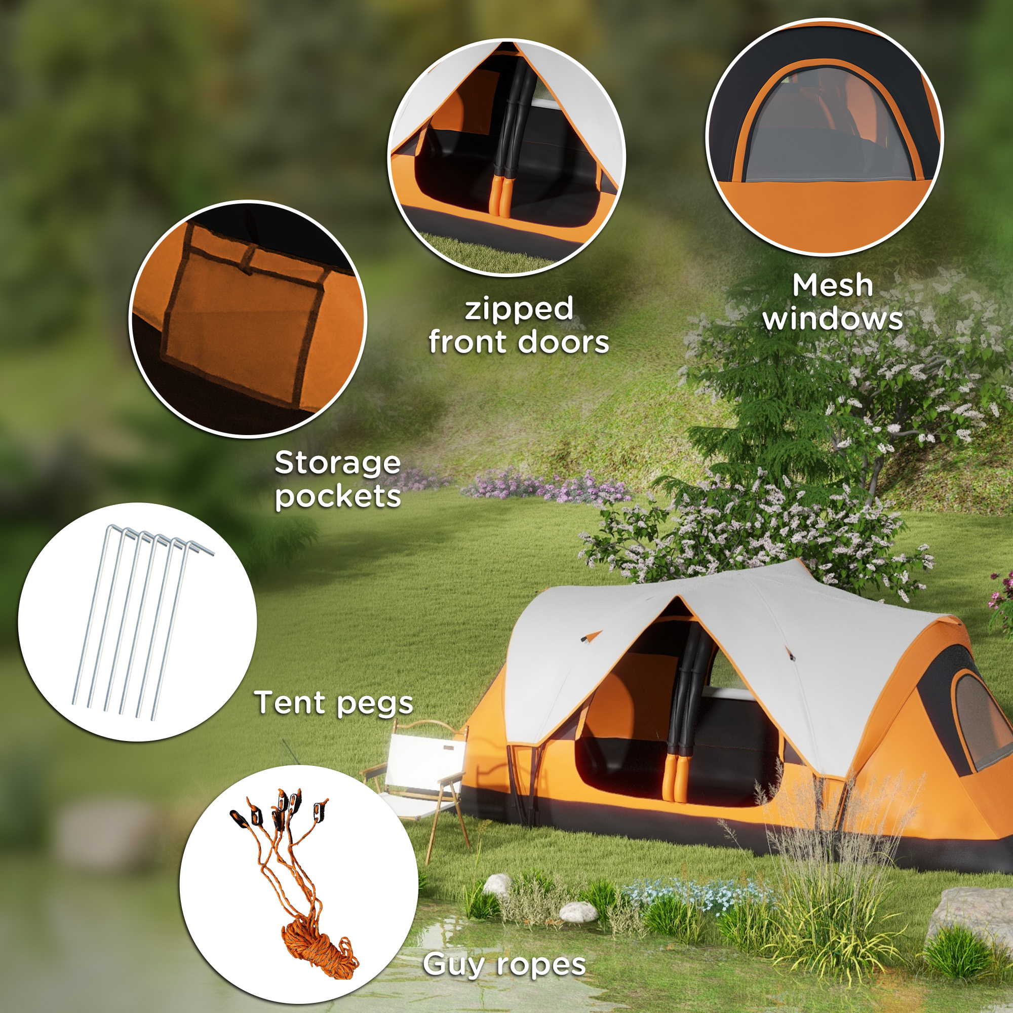 Outsunny 2 Room Camping Tent with Waterproof Rainfly & Screen Panels Orange - Image 8