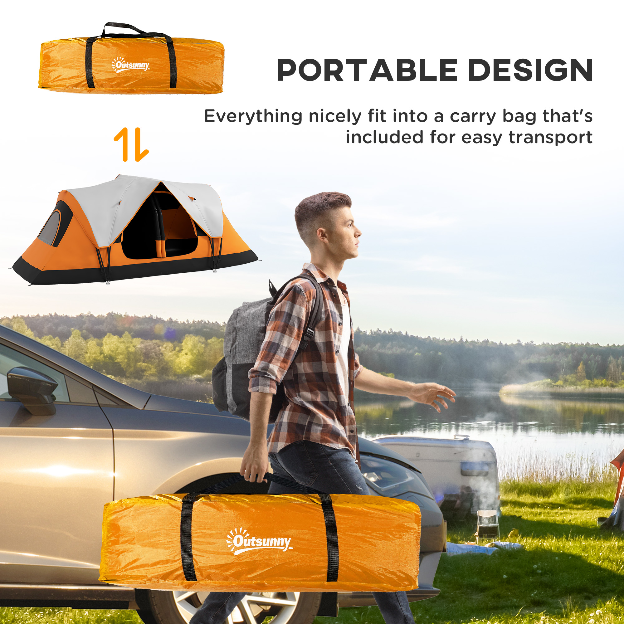 Outsunny 2 Room Camping Tent with Waterproof Rainfly & Screen Panels Orange - Image 7