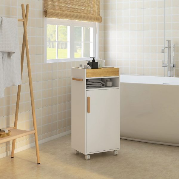 kleankin Bathroom Storage Cabinet with Cushioned Door and Wheels, White - Image 8