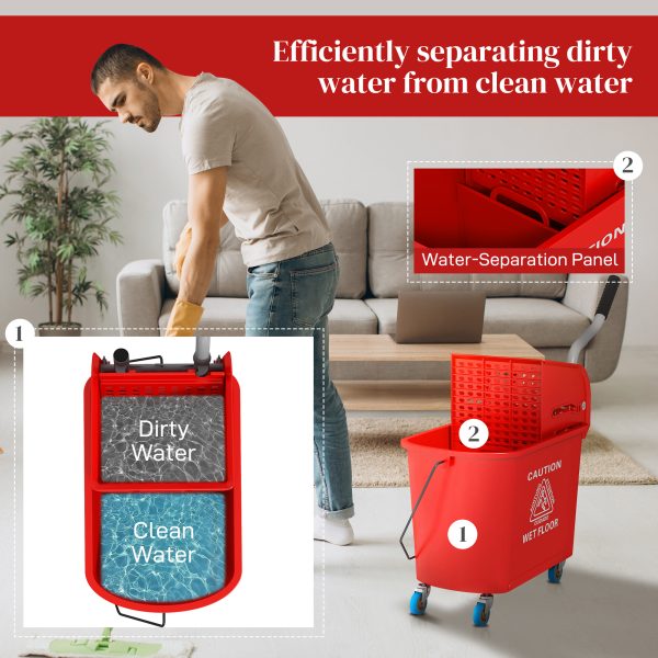 HOMCOM 20L Mop Bucket with Wringer Handle on Wheels for Floor Cleaning Red - Image 5