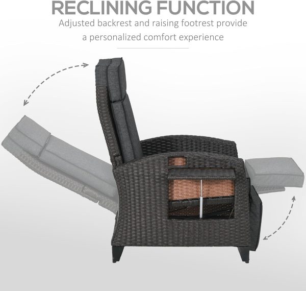 Outsunny Outdoor Recliner Chair with Cushion Rattan Reclining Lounge Chair, Grey - Image 6