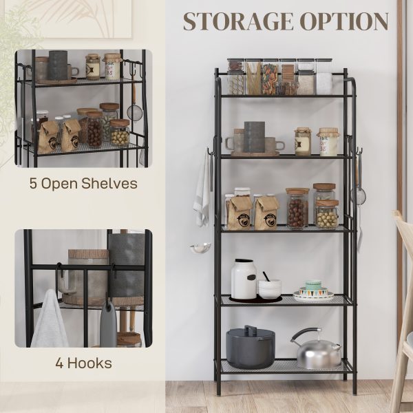 HOMCOM 5-Tier Kitchen Storage Unit, Microwave Stand with Open Shelves and Hooks - Image 2