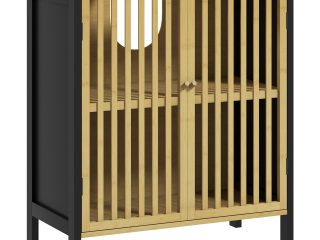 HOMCOM Under Sink Bathroom Cabinet, Bamboo Sink Storage Cabinet Slat Doors