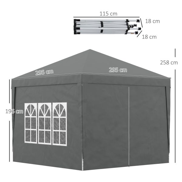 Outsunny 3mx3m Pop Up Gazebo Party Tent Canopy Marquee with Storage Bag Grey - Image 2
