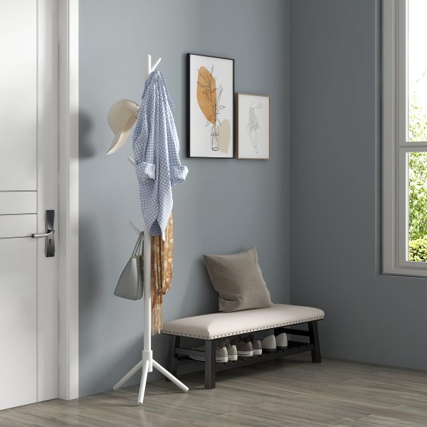 HOMCOM Coat Rack Bamboo Coat Stand with 8 Hooks for Handbags, White - Image 7