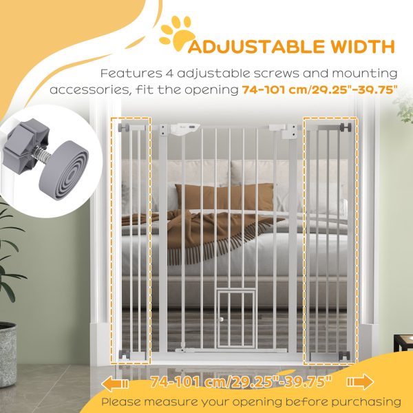 PawHut Extra Tall Dog Gate with Cat Door Auto Close for Stairs 74-101 cm Wide - Image 5
