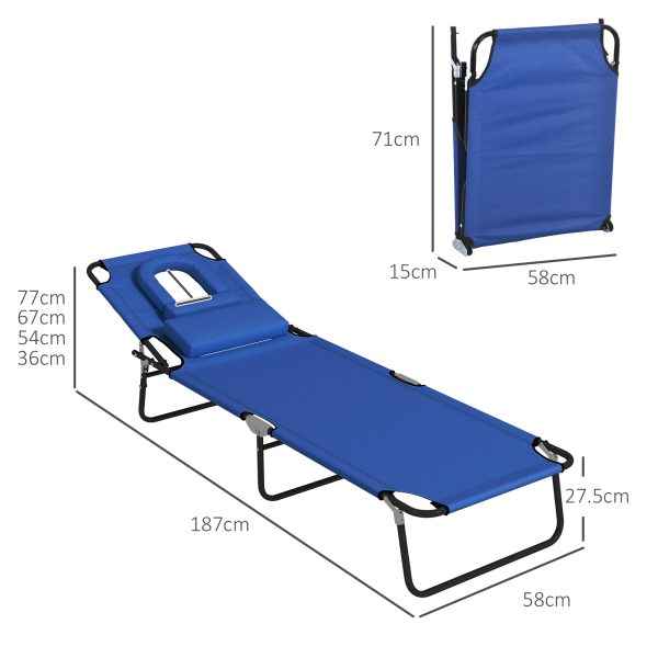 Outsunny Folding Sun Lounger Set of 2 Reclining Chair with Reading Hole Blue - Image 4