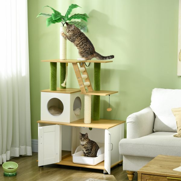 PawHut 2 in 1 Hidden Litter Box with Green Leaf Cat Tree, Indoor, Oak - Image 2