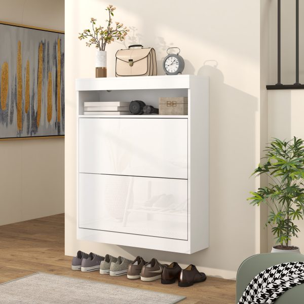 HOMCOM Wall Mounted or Freestanding Shoe Cabinet with 2 Flip Drawers, White - Image 7