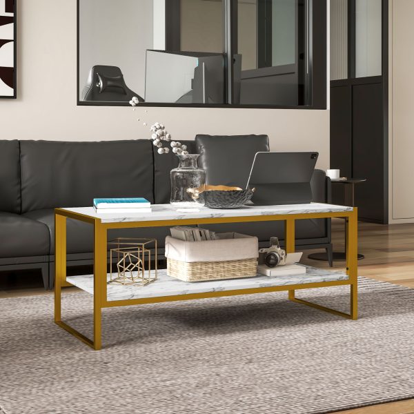 HOMCOM Two-Tier Coffee Table with Marble Effect Shelf and Metal Frame White - Image 7