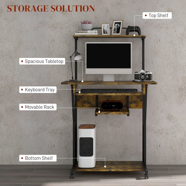 HOMCOM Rolling Computer Desk with Keyboard Tray Storage Shelves Rustic Brown - Image 2