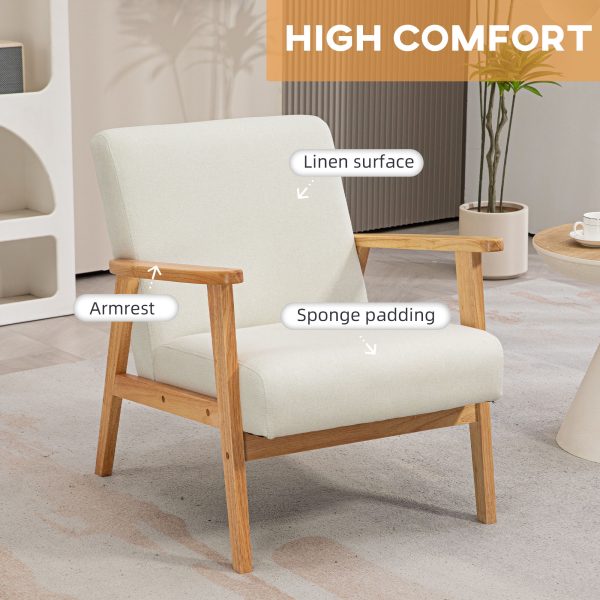 HOMCOM Modern Fabric Accent Chair w/ Rubber Wood Legs Padded Cushion Cream - Image 4