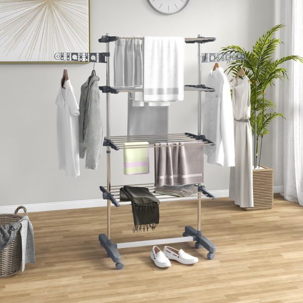 HOMCOM 4-Tier Large Clothes Airer Stainless Steel Clothes Drying Rack Grey - Image 2