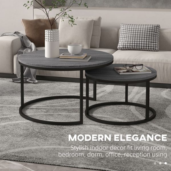 HOMCOM 2 Pcs Stacking Coffee Table Set Steel Frame Wood Effect Top Foot Pads - Image 4