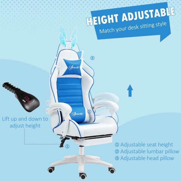 Vinsetto Racing Style Gaming Chair with Footrest Removable Rabbit Ears, Blue - Image 4