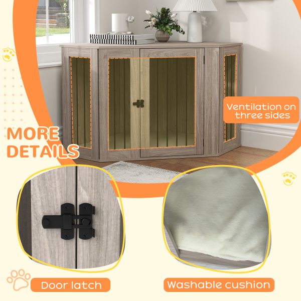 PawHut Dog Crate Furniture for Large Dogs w/ Cushion, Door - Walnut Brown - Image 6
