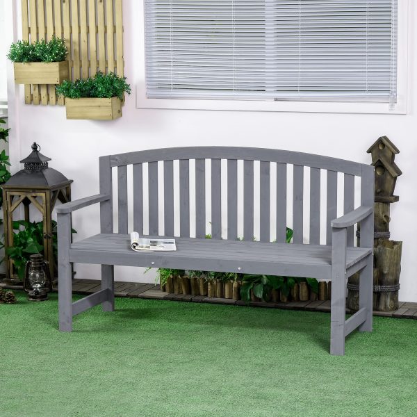 Outsunny 2 Person Garden Bench Wooden Outdoor Furniture with Armrest Grey - Image 2
