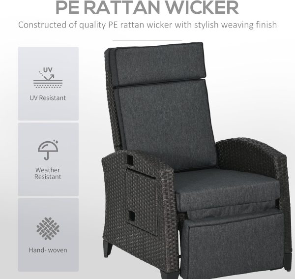 Outsunny Outdoor Recliner Chair with Cushion Rattan Reclining Lounge Chair, Grey - Image 5