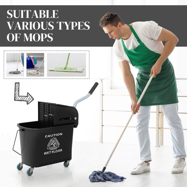 HOMCOM 20L Mop Bucket with Wringer Handle on Wheels for Floor Cleaning Black - Image 7