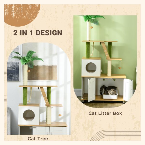 PawHut 2 in 1 Hidden Litter Box with Green Leaf Cat Tree, Indoor, Oak - Image 3