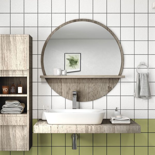 kleankin Round Mirror for Wall Makeup Mirror with Shelf Grey Wood Effect - Image 2