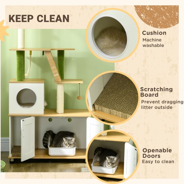 PawHut 2 in 1 Hidden Litter Box with Green Leaf Cat Tree, Indoor, Oak - Image 8