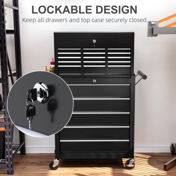 HOMCOM Rolling Tool Chest Lockable Roller Cabinet with with 14 Drawers Black - Image 6
