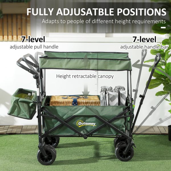 Outsunny Outdoor Push Pull Wagon Stroller Cart with Canopy Top Green - Image 4