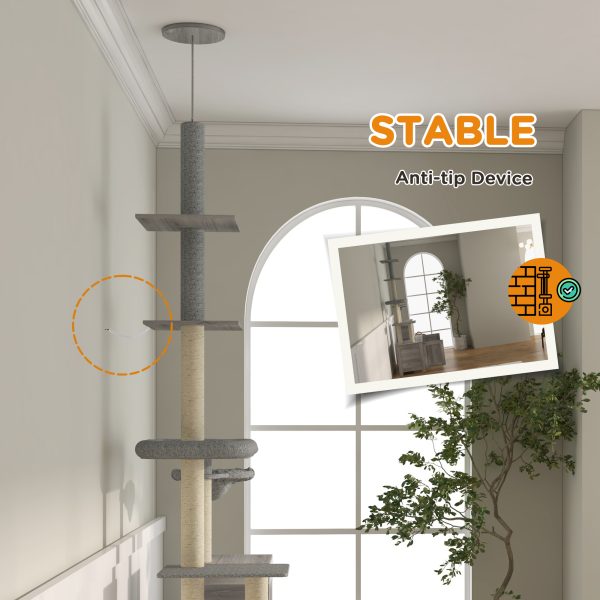 PawHut 2 in 1 Hidden Litter Box with Floor to Ceiling Cat Tree, Indoor, Grey - Image 3