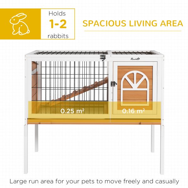 PawHut Wooden Rabbit Hutch, Elevated Guinea Pig Cage w/ Openable Roof, Yellow - Image 7