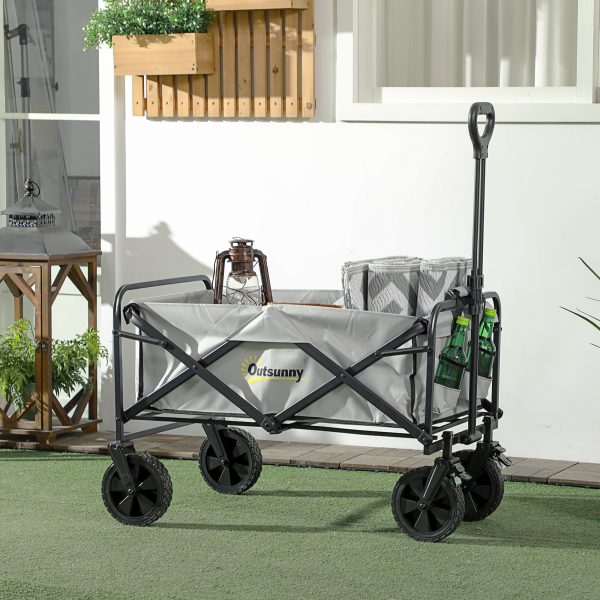 Outsunny Folding Outdoor Storage Trolley Cart Bag Telescopic Handle Brakes Grey - Image 2