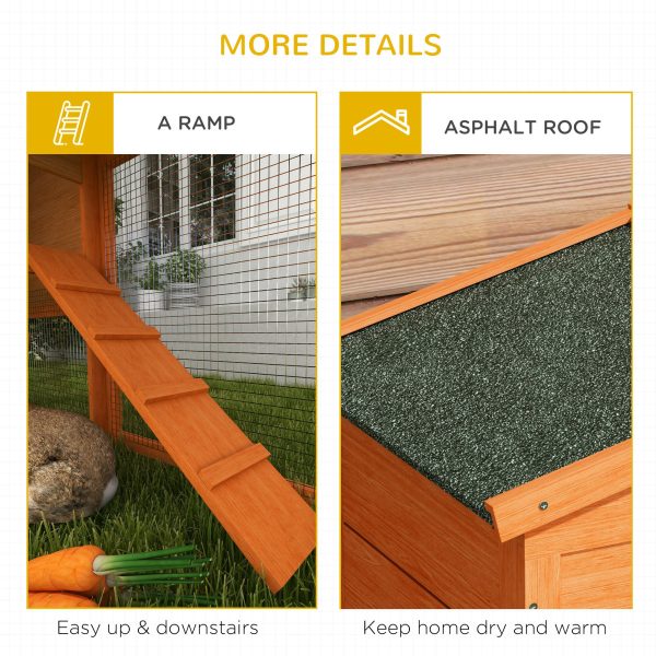 PawHut Wooden Rabbit Hutch with Run, Ramp, Slide-out Tray, Orange - Image 5