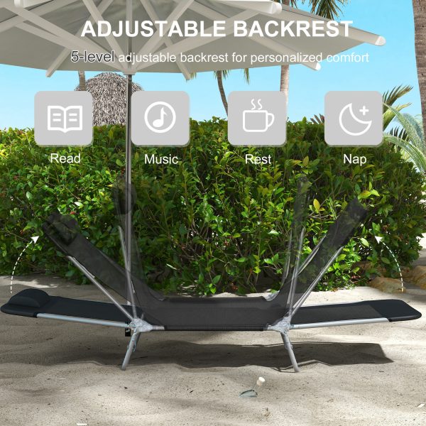 Outsunny 2 Pieces Sun Loungers Foldable Reclining Chair with Headrest Black - Image 3
