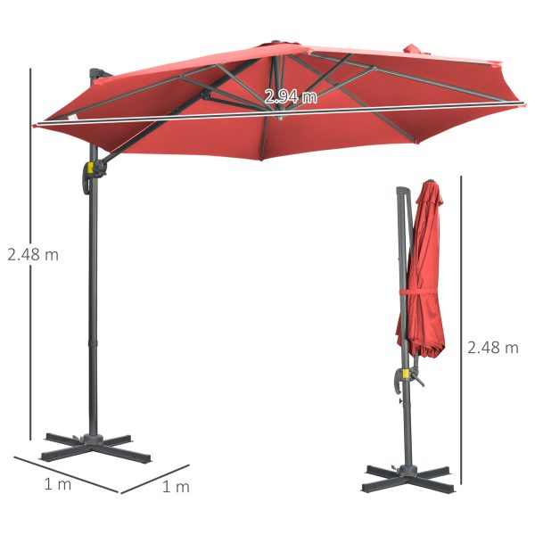 Outsunny 3 x 3(m) Cantilever Parasol Garden Umbrella with Cross Base Wine Red - Image 5